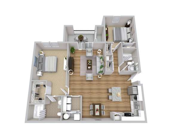 A 3D floor plan of a house with a living room, kitchen, and bedrooms.