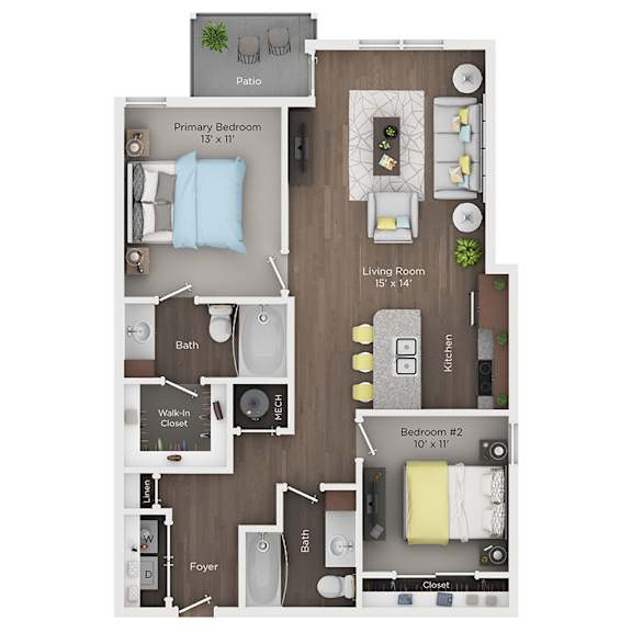 A floor plan of a small apartment with a living room, kitchen, two bedrooms, and bathroom.