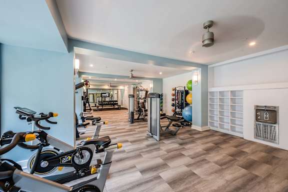 A gym with exercise equipment and a row of stationary bikes.