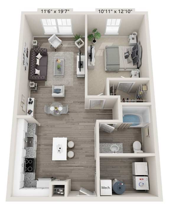 A 3D floor plan of a small apartment with a living room, kitchen, and bathroom.