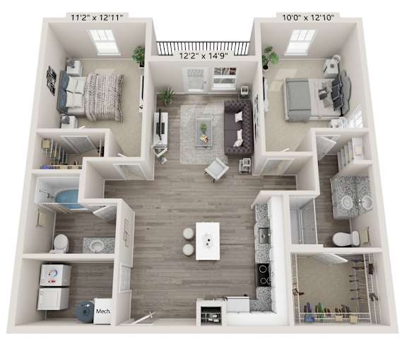 A 10x12 room layout with a kitchen, living room, and two bedrooms.