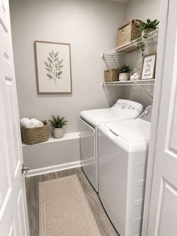A small laundry room with a washer and dryer.
