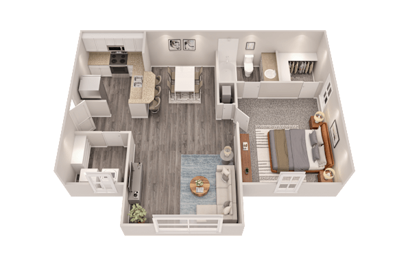 A 3D floor plan of a small apartment with a kitchen, living room, and bathroom.