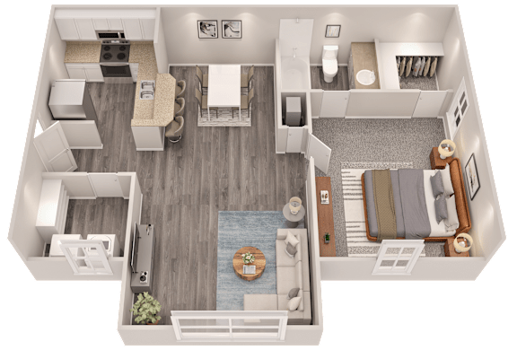 A top down view of a small apartment with a kitchen, living room, and bedroom.