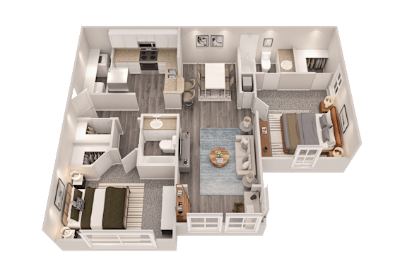 A 3D floor plan of a house with a living room, kitchen, dining room, and bedrooms.