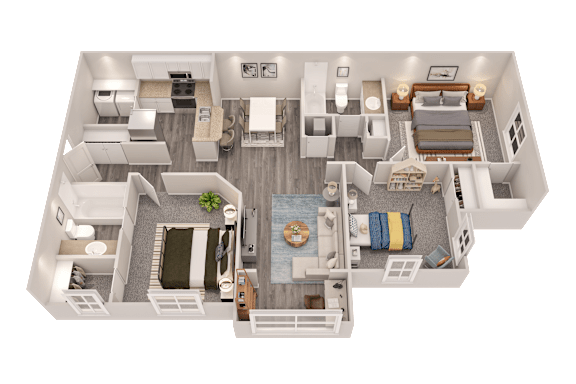 A 3D floor plan of a house showing a living room, kitchen, and bedrooms.