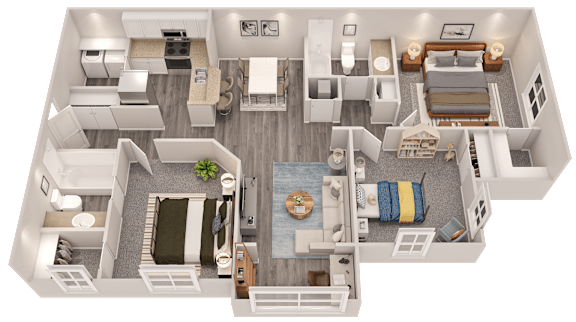A top-down view of a well-organized apartment with a kitchen, living room, and bedrooms.