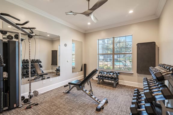 a workout room with weights and cardio equipment and a window  at Orion Prosper, Prosper