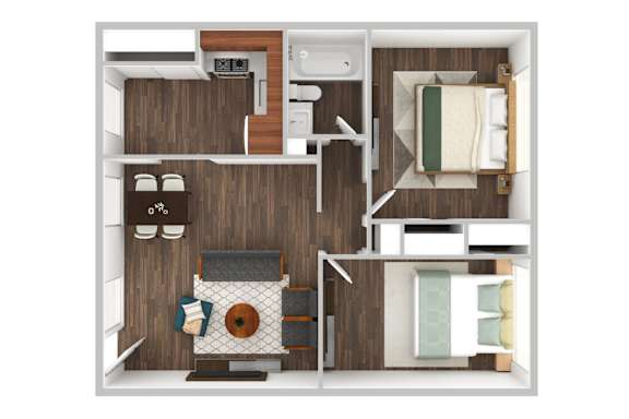A top down view of a small apartment with a kitchen, living room, and bathroom.