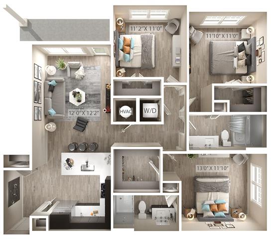 3 bed 2 bath floor plan  at Icon Apartment Homes at Ferguson Farm, Montana, 59718
