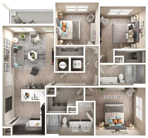 3 bed 2 bath floor plan A at Icon Apartment Homes at Ferguson Farm, Bozeman, MT, 59718