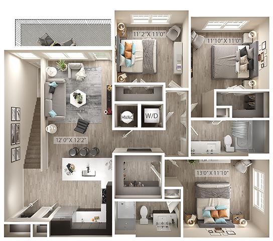 3 bed 2 bath floor plan B at Icon Apartment Homes at Ferguson Farm, Bozeman, MT