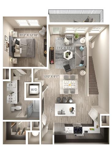 1 bed 1 bath floor plan at Icon Apartment Homes at Ferguson Farm, Bozeman