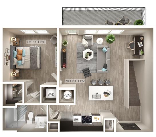 1 bed 1 bath floor plan B at Icon Apartment Homes at Ferguson Farm, Montana, 59718
