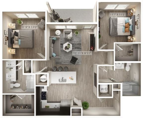 2 bed 2 bath floor plan D at Icon Apartment Homes at Ferguson Farm, Montana