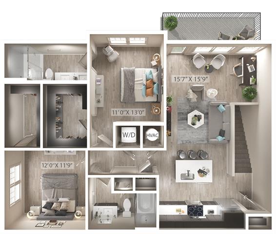 2 bed 2 bath floor plan A at Icon Apartment Homes at Ferguson Farm, Bozeman, 59718