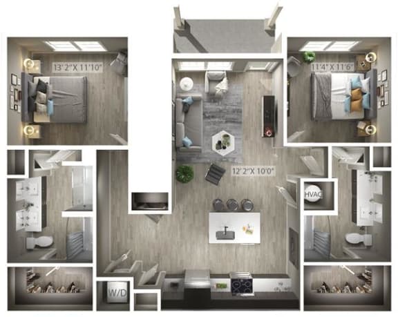 2 bed 2 bath floor plan B at Icon Apartment Homes at Ferguson Farm, Bozeman, Montana