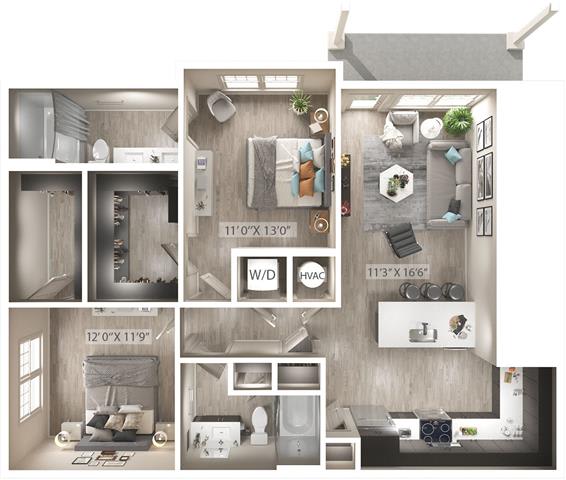 2 bed 2 bath floor plan at Icon Apartment Homes at Ferguson Farm, Bozeman, MT