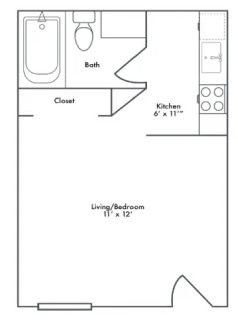 A floor plan of a small apartment with a kitchen, bathroom, and living/bedroom area.