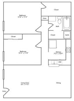 A black and white image of a floor plan for a small apartment.