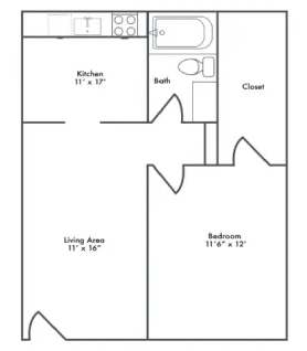 A black and white image of a floor plan for a small apartment.