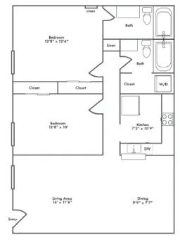 A black and white image of a floor plan for a two bedroom apartment.