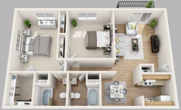 a floor plan of a one bedroom apartment with two bathrooms and a balcony at Waterview at Rocky Point, Tampa, 33634