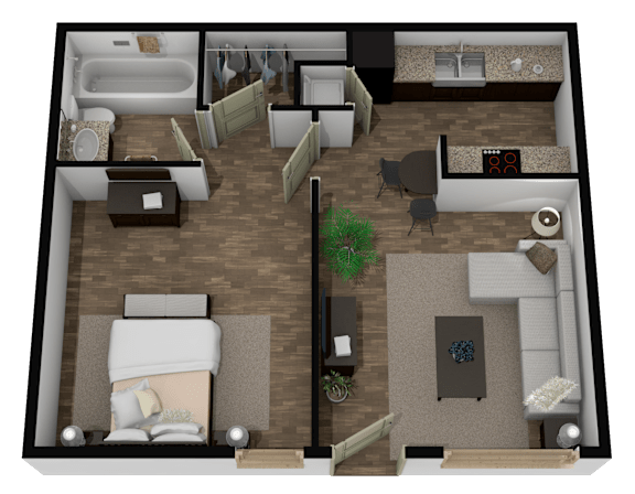 A 3D rendered image of a small apartment layout.