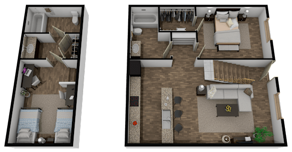 Two images of a room layout with a bed, a couch, a table, and a chair.