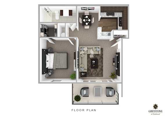 A floor plan of a Greystone apartment shows a living room, kitchen, and two bedrooms.