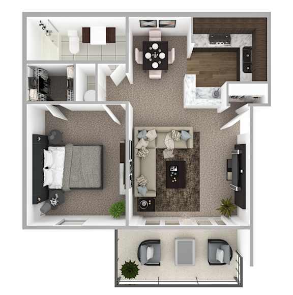 A top-down view of a modern apartment layout with a living room, kitchen, and bedrooms.