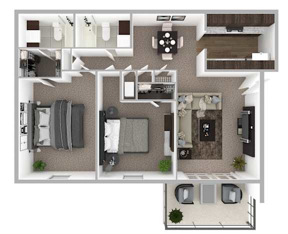 A 3D floor plan of a small apartment with two bedrooms, a living room, and a kitchen.
