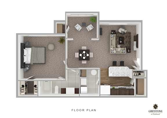 A floor plan of a small apartment with a living room, kitchen, and two bedrooms.
