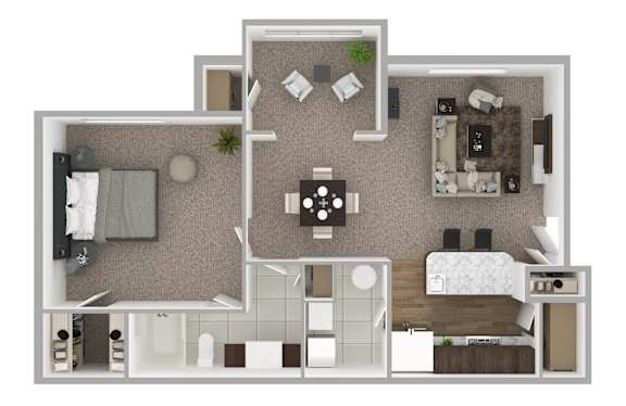 A floor plan of a small apartment with a kitchen, living room, and bedroom.