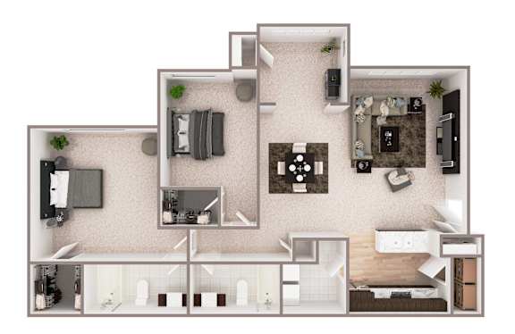 A 3D floor plan of a house with multiple rooms and furniture.