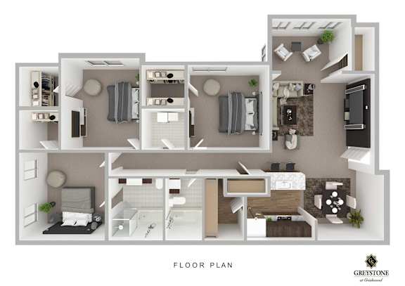 A floor plan of a Greystone apartment shows a living room, two bedrooms, a kitchen, and a bathroom.