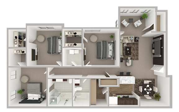A 3D floor plan of a house with multiple rooms.