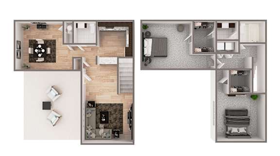 A floor plan of a two-bedroom apartment with a living room, kitchen, and bathroom.
