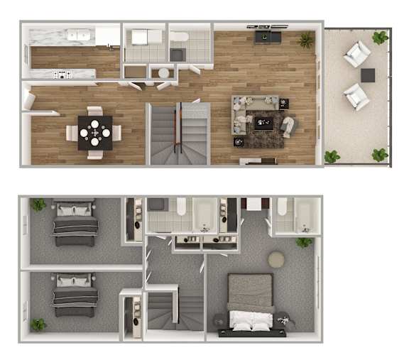 A top-down view of a two-bedroom apartment layout.