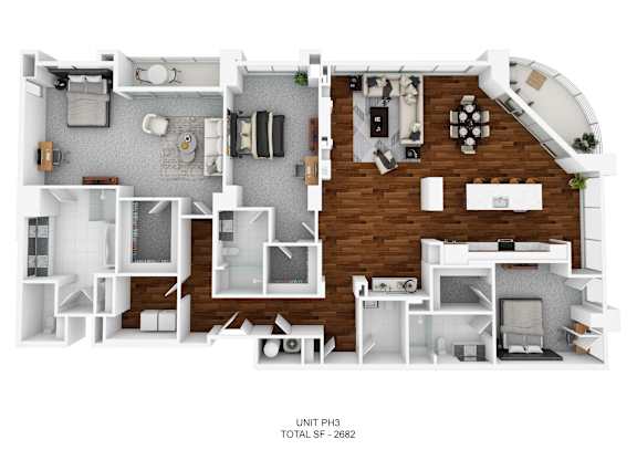 a 3d rendering of a floor plan with a wood floor