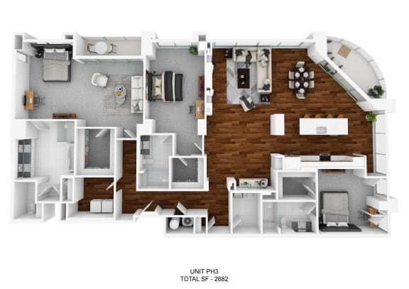 a 3d rendering of a 1 bedroom floor plan with a bathroom and living room