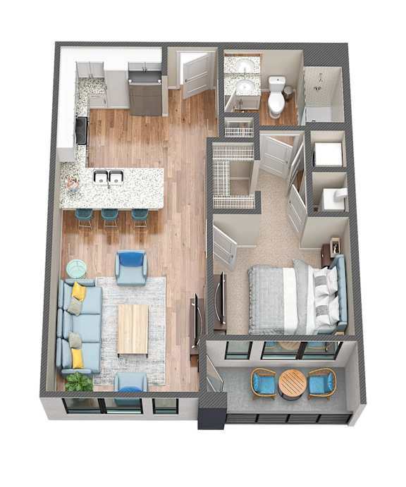 A top down view of a living room, kitchen, and bedroom in a house.