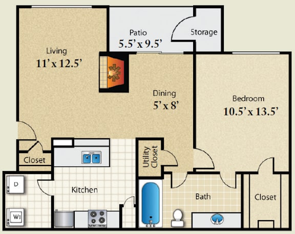 A floor plan of a house with a living room, dining room, kitchen, bedroom, bathroom, utility closet, and storage area.