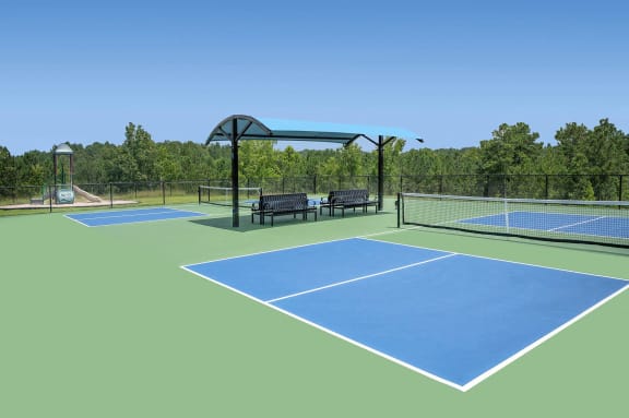 a rendering of a tennis court with two benches