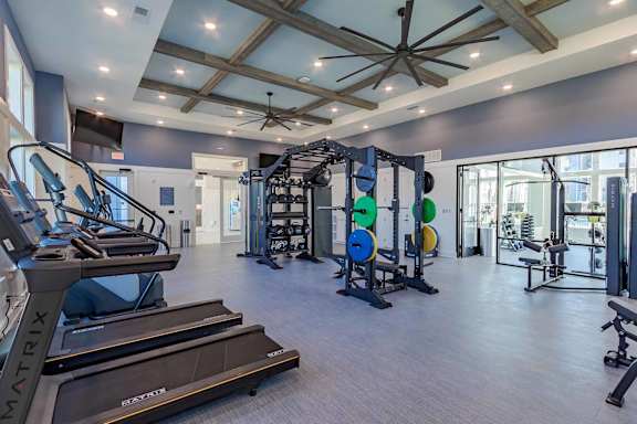 A gym with treadmills, weights, and exercise equipment.