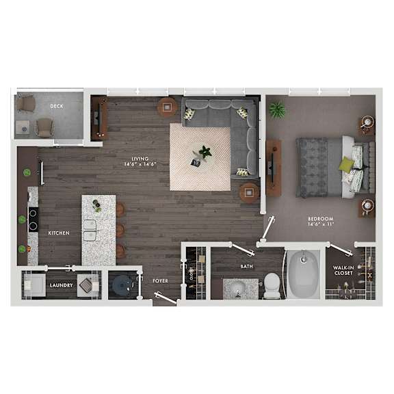 A floor plan of a small apartment with a kitchen, living room, and bathroom.