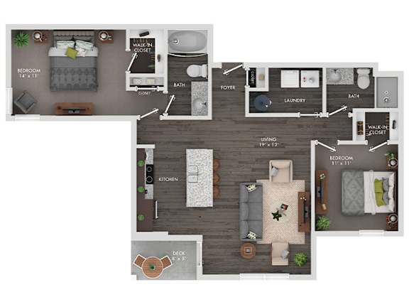 A floor plan of a two-bedroom apartment with a kitchen, living room, and bathroom.