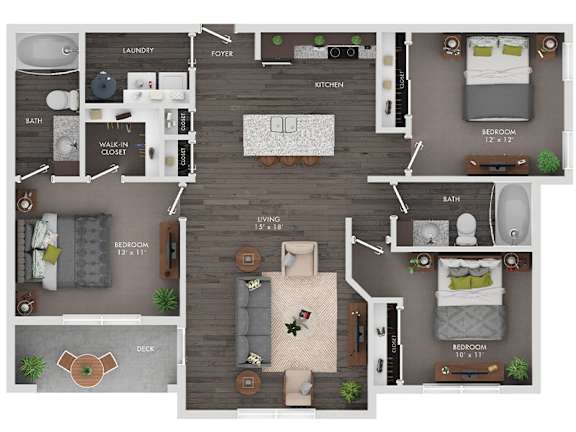 A floor plan of a house with a living room, kitchen, two bedrooms, a bathroom, a laundry room, and a deck.