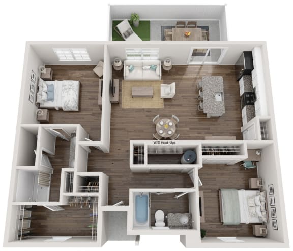 a 3d rendering of a floor plan with a bedroom and a bathroom