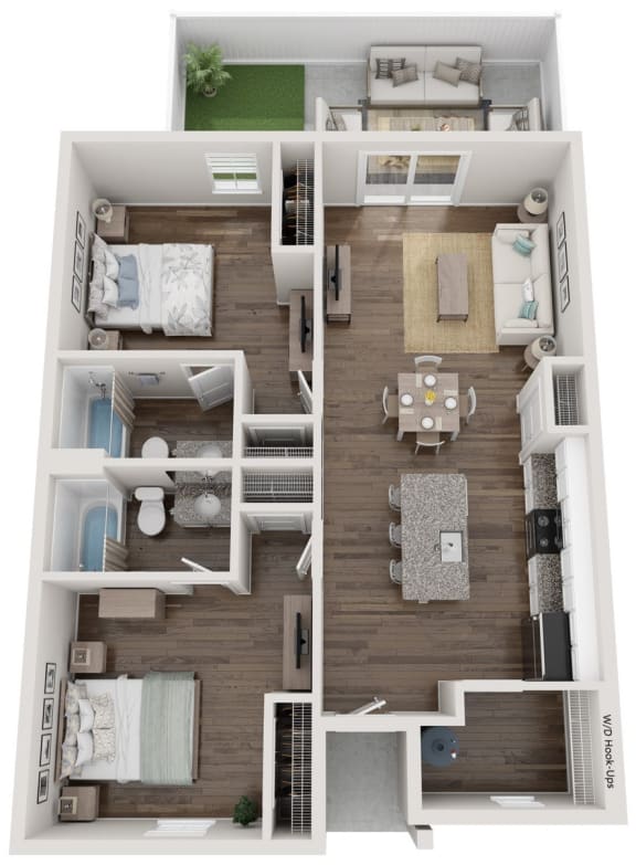 a 3d rendering of a floor plan with a bedroom and a living room